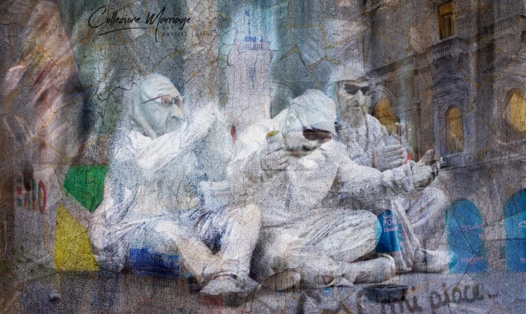 Kunstdruck "Collezione Marriage" von Daniele Lopini. Drei ganz in weiss gehüllte Männer mit Sonnenbrillen sitzen am Boden in einer Stadt.